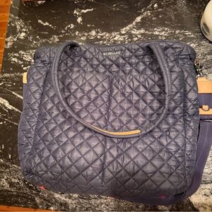 MZ Wallace Quilted Navy Nylon Tote with Tan Trim